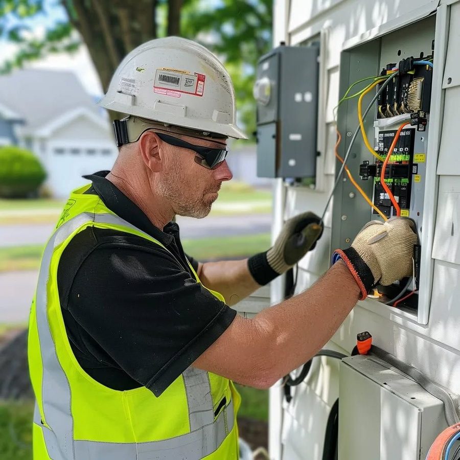 Licensed electrician in hard hat and safety vest working on an outdoor breaker panel